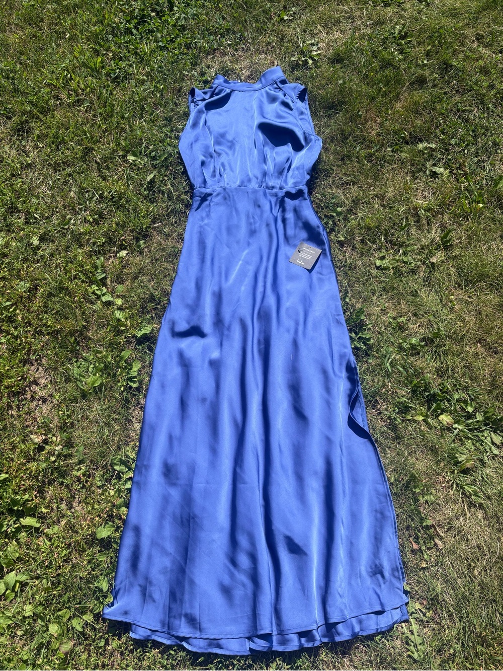 Lulus NEW WITH TAGS Classic Elegance Blue Satin Sleeveless Mock Neck Maxi Dress - Picture 5 of 8